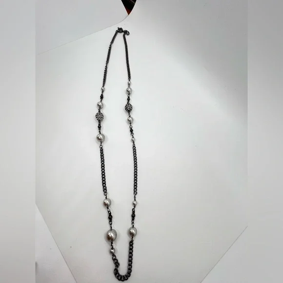 J Crew Beaded Station Faux Pearl Gun Metal Silver Tone Long Necklace Approx 31” - Picture 4 of 8